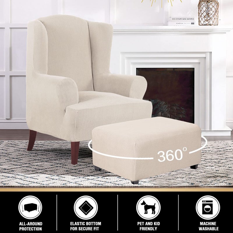 PrinceDeco Stretch Ottoman Cover Slipcovers Rectangle for Living Room Foot Stool Covers to Fit Ottoman Foot Rest, Thick Checked Jacquard Fabric with Elastic Bottom (Oversized Ottoman, Ivory) - Image 2